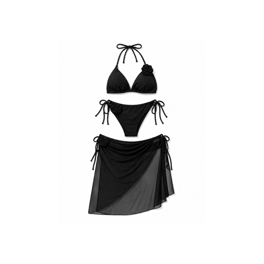 Bikini Donna 3 Pezzi con Pareo e Fiore 3D