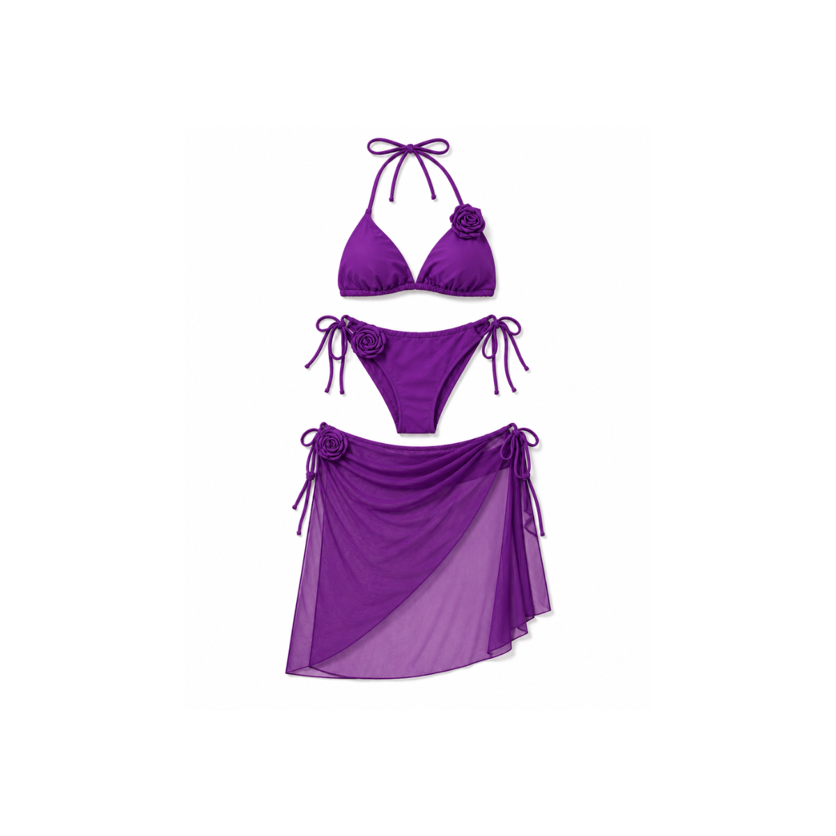 Bikini Donna 3 Pezzi con Pareo e Fiore 3D
