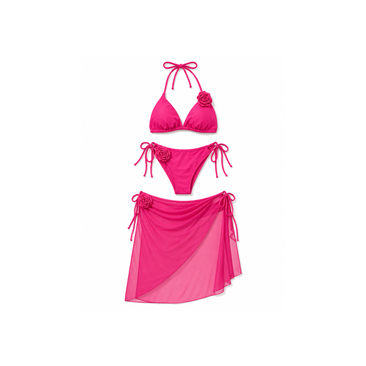 Bikini Donna 3 Pezzi con Pareo e Fiore 3D