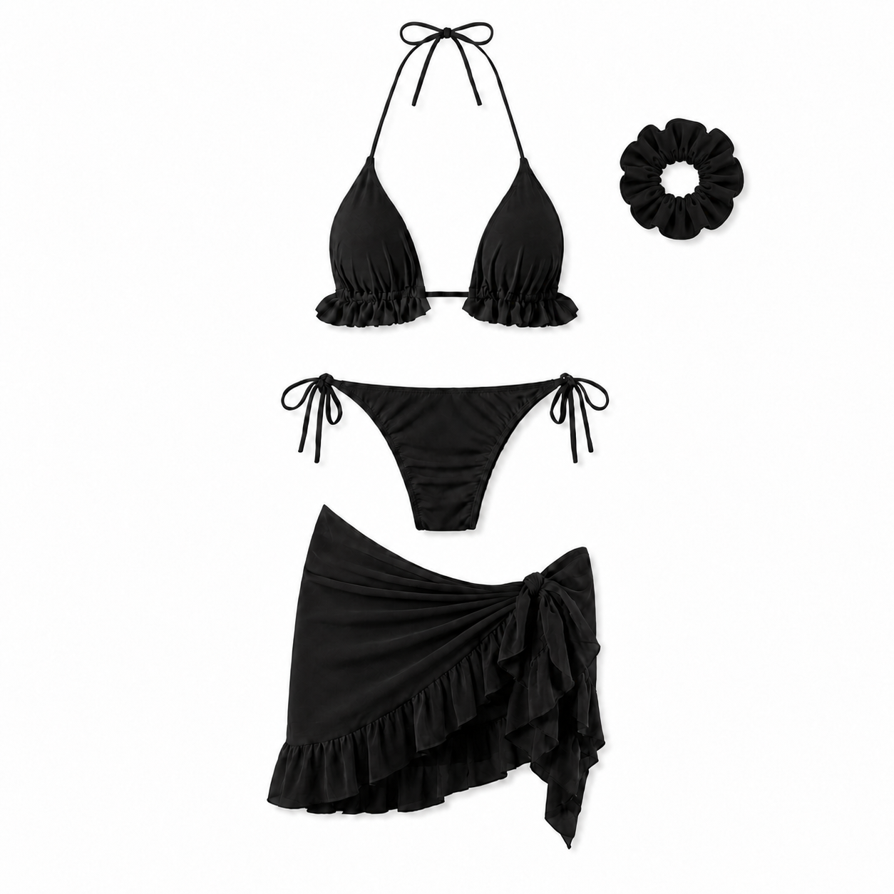 Bikini Donna 4 Pezzi con Pareo e Scrunchie, 5 Colori