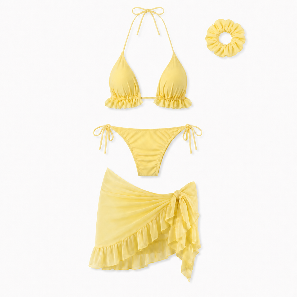 Bikini Donna 4 Pezzi con Pareo e Scrunchie, 5 Colori