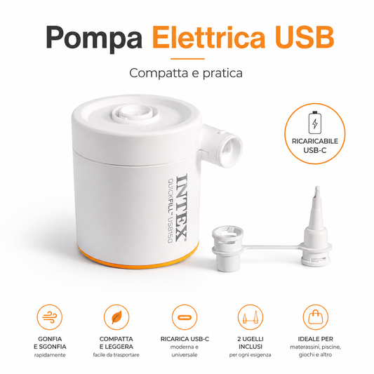 Pompa Elettrica USB-C Intex QuickFill, Mini Gonfiatore Ricaricabile per Materassi Gonfiabili, Piscine e Giochi Gonfiabili