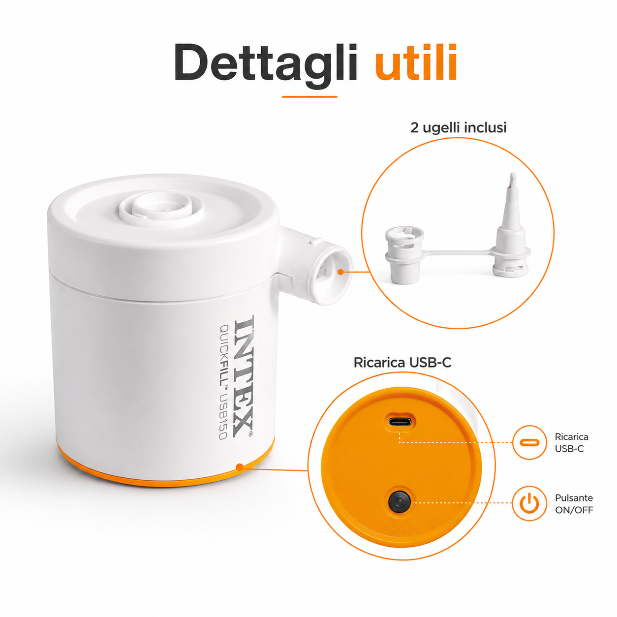 Pompa Elettrica USB-C Intex QuickFill, Mini Gonfiatore Ricaricabile per Materassi Gonfiabili, Piscine e Giochi Gonfiabili