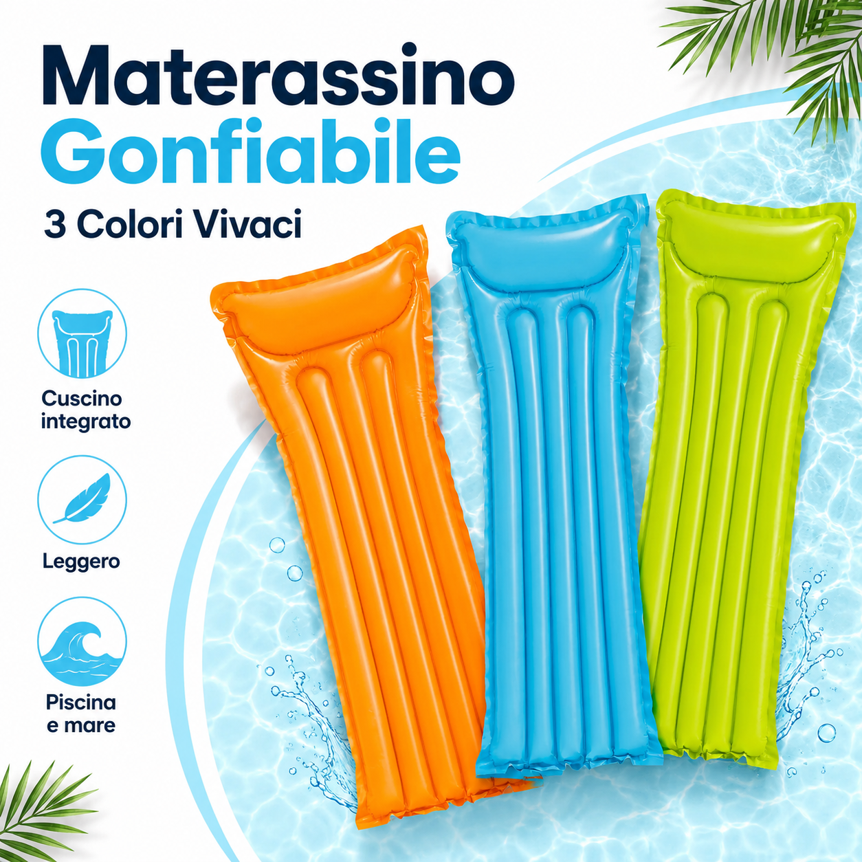 Materassino Gonfiabile da Piscina 183x69 cm con Cuscino Integrato, Lettino Galleggiante Leggero per Mare, Piscina e Vacanze – 3 Colori