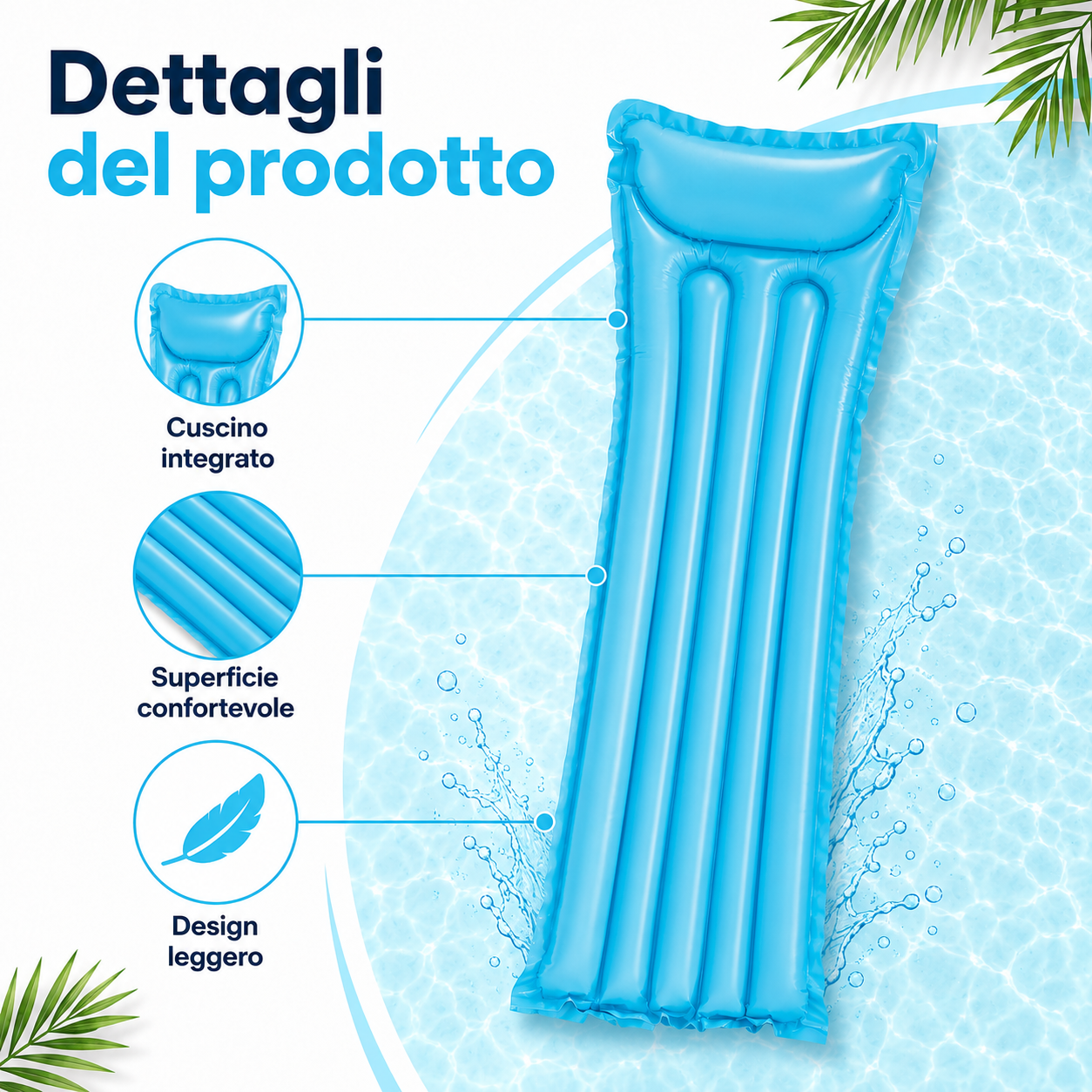 Materassino Gonfiabile da Piscina 183x69 cm con Cuscino Integrato, Lettino Galleggiante Leggero per Mare, Piscina e Vacanze – 3 Colori