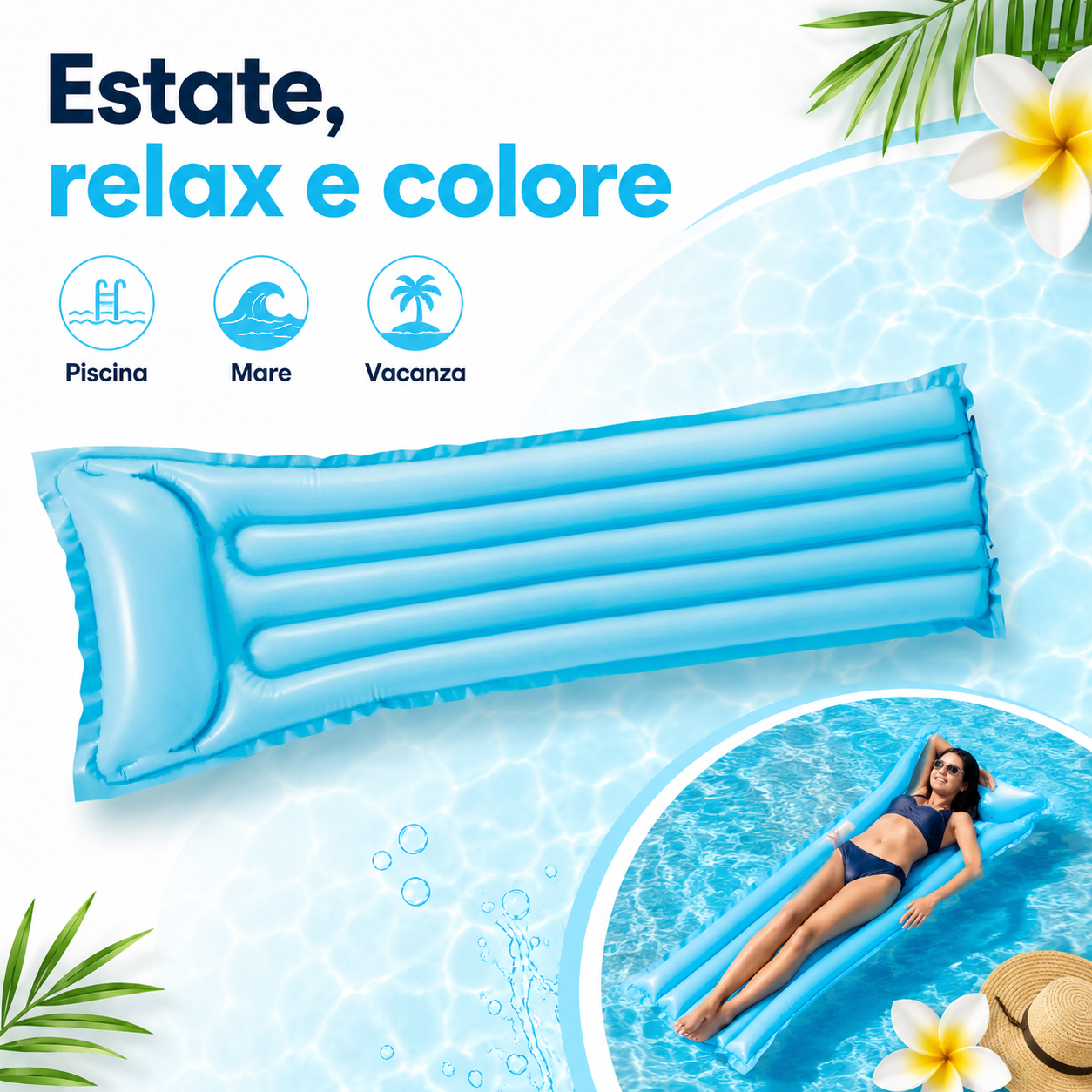 Materassino Gonfiabile da Piscina 183x69 cm con Cuscino Integrato, Lettino Galleggiante Leggero per Mare, Piscina e Vacanze – 3 Colori