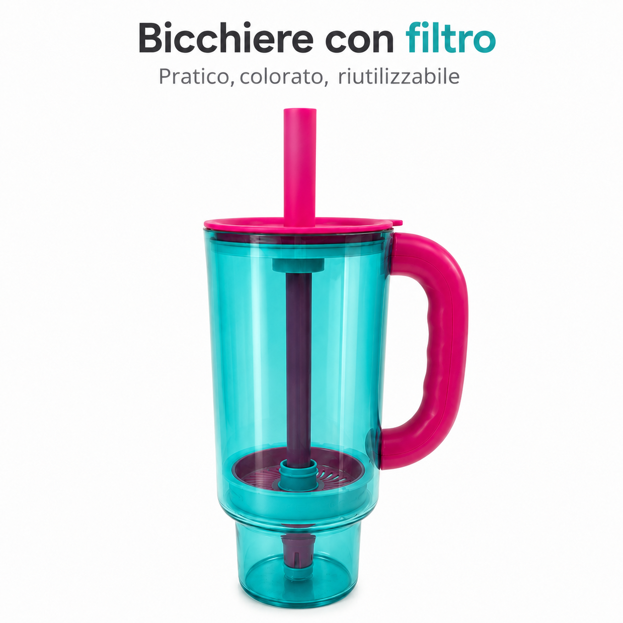 Bicchiere con Filtro e Cannuccia, Tazza Estiva con Manico, Coperchio Removibile e Copri-Cannuccia, Ideale per Acqua, Limone, Frutta e Bevande Fredde