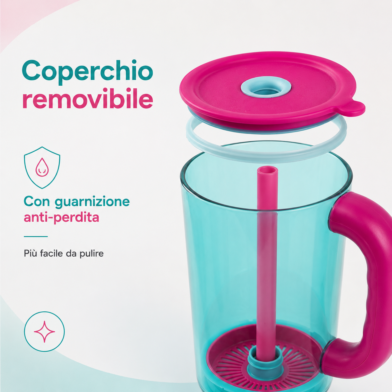Bicchiere con Filtro e Cannuccia, Tazza Estiva con Manico, Coperchio Removibile e Copri-Cannuccia, Ideale per Acqua, Limone, Frutta e Bevande Fredde