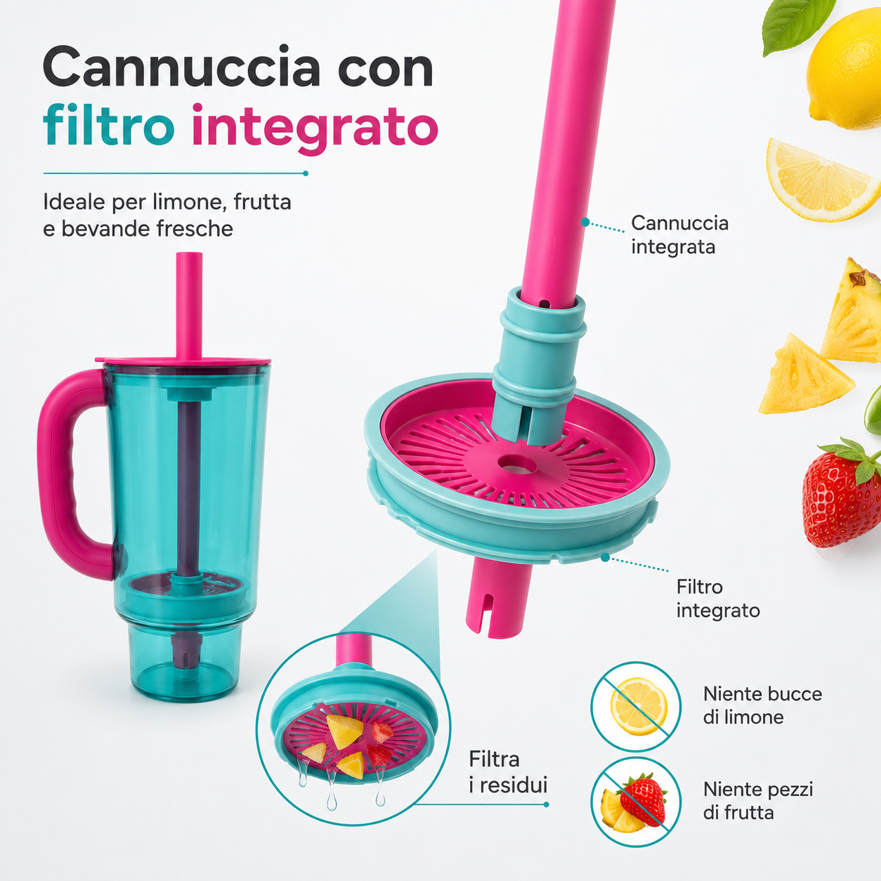 Bicchiere con Filtro e Cannuccia, Tazza Estiva con Manico, Coperchio Removibile e Copri-Cannuccia, Ideale per Acqua, Limone, Frutta e Bevande Fredde