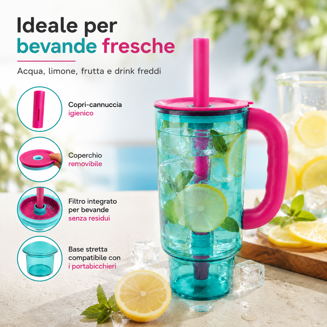 Bicchiere con Filtro e Cannuccia, Tazza Estiva con Manico, Coperchio Removibile e Copri-Cannuccia, Ideale per Acqua, Limone, Frutta e Bevande Fredde