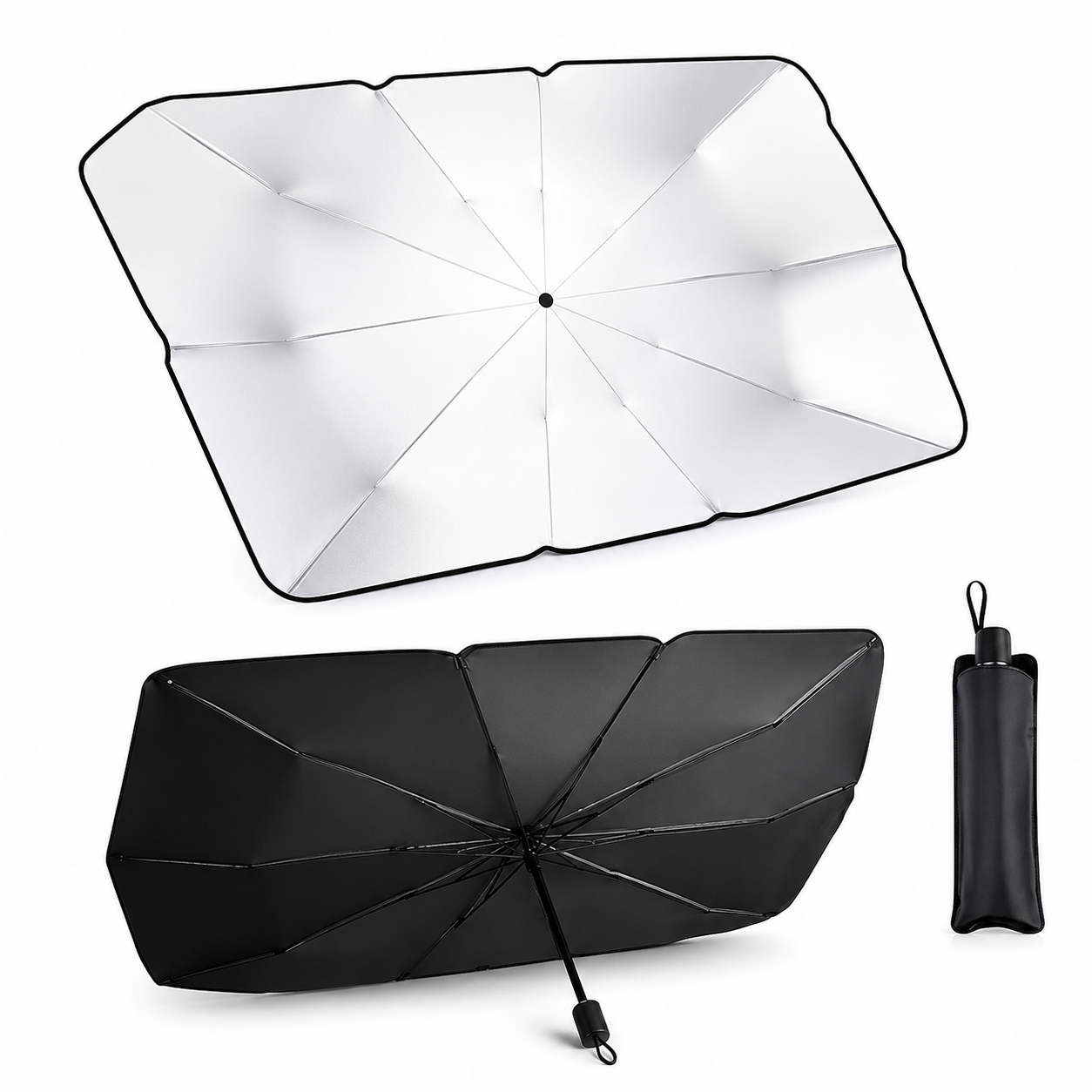 Parasole Auto a Ombrello per Parabrezza, Protezione UV Pieghevole con Custodia, 2 Misure 125×65 cm / 140×79 cm