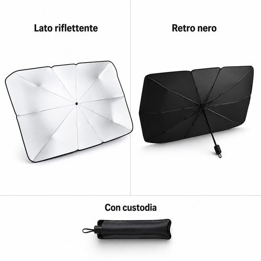 Parasole Auto a Ombrello per Parabrezza, Protezione UV Pieghevole con Custodia, 2 Misure 125×65 cm / 140×79 cm