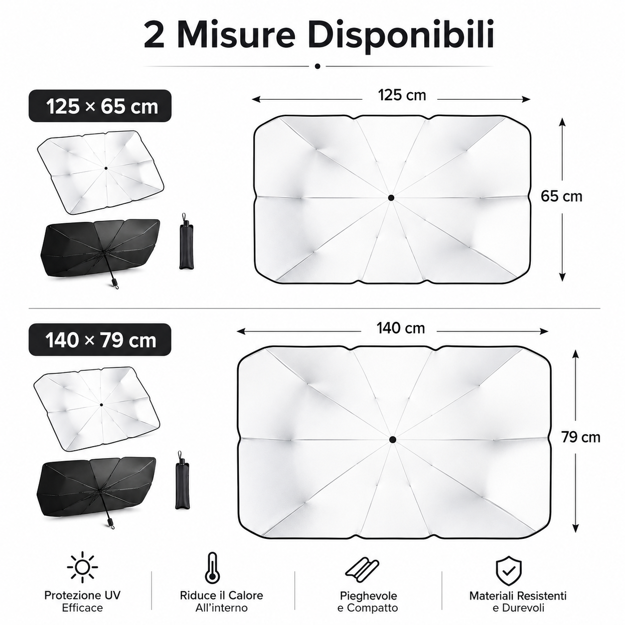 Parasole Auto a Ombrello per Parabrezza, Protezione UV Pieghevole con Custodia, 2 Misure 125×65 cm / 140×79 cm