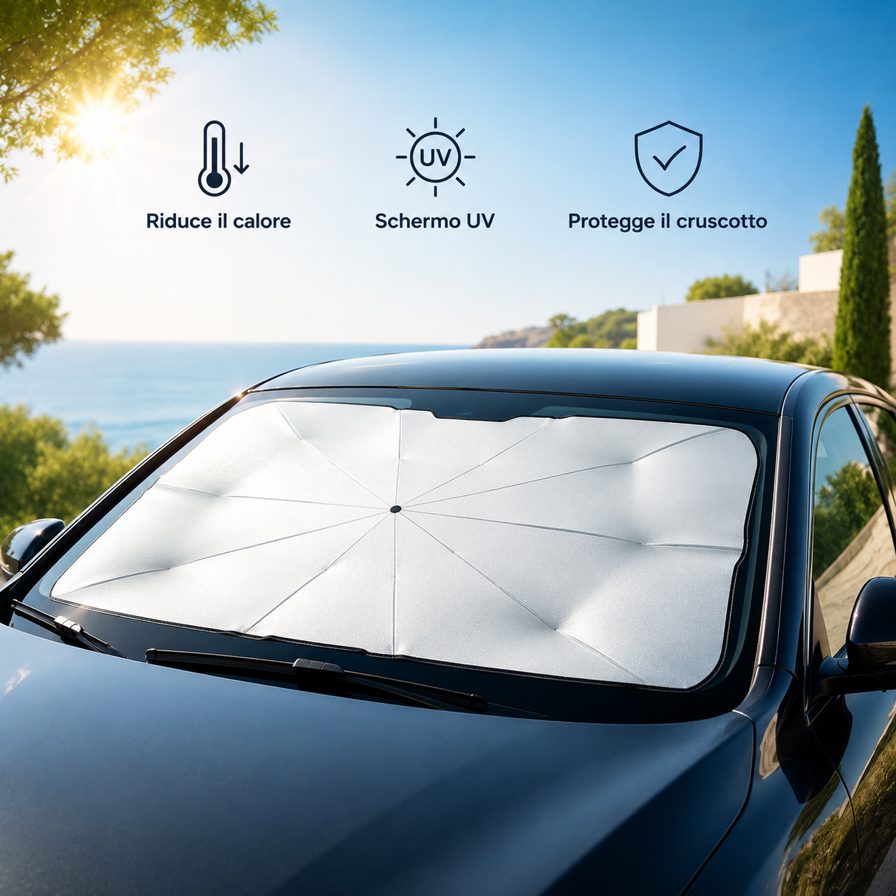 Parasole Auto a Ombrello per Parabrezza, Protezione UV Pieghevole con Custodia, 2 Misure 125×65 cm / 140×79 cm