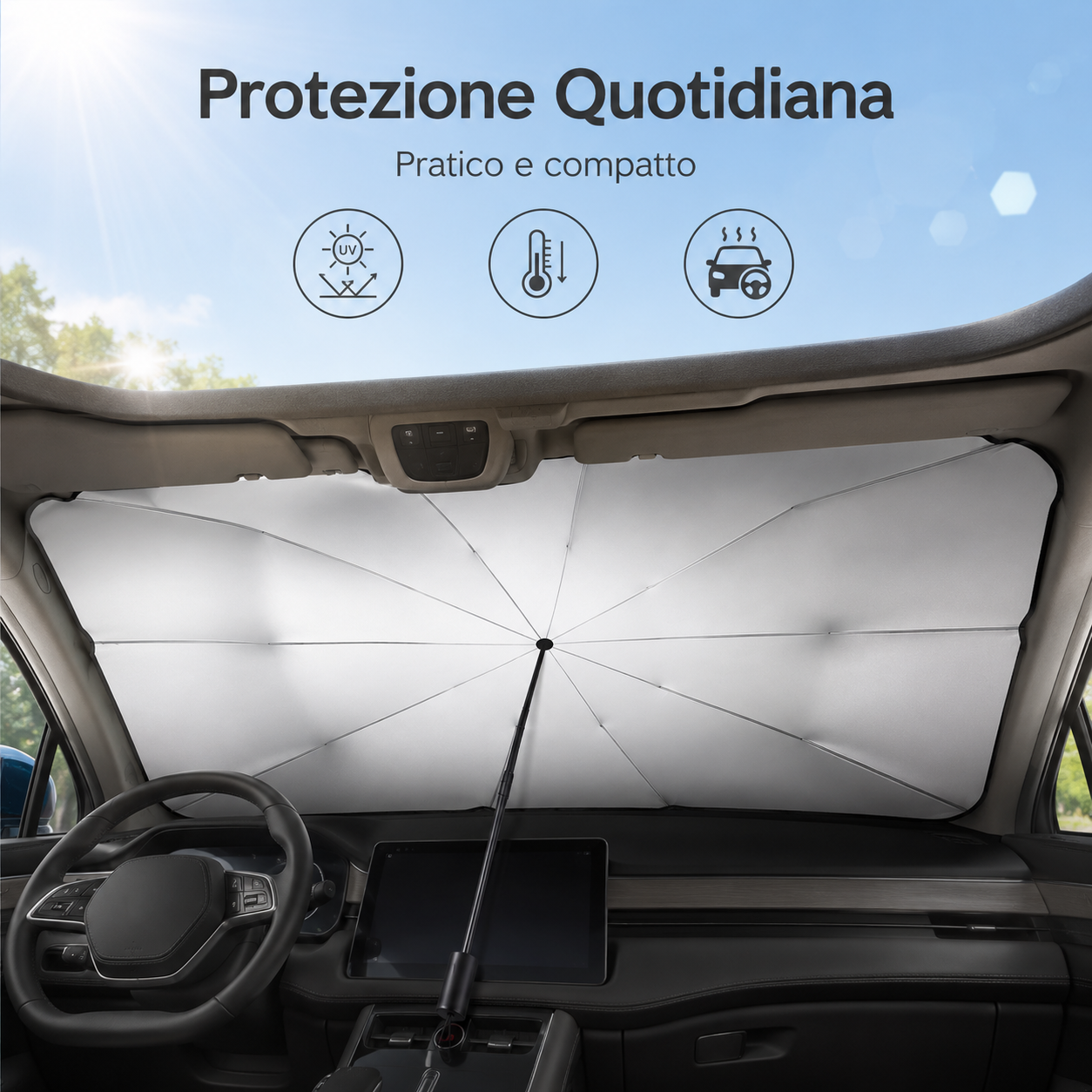 Parasole Auto a Ombrello per Parabrezza, Protezione UV Pieghevole con Custodia, 2 Misure 125×65 cm / 140×79 cm