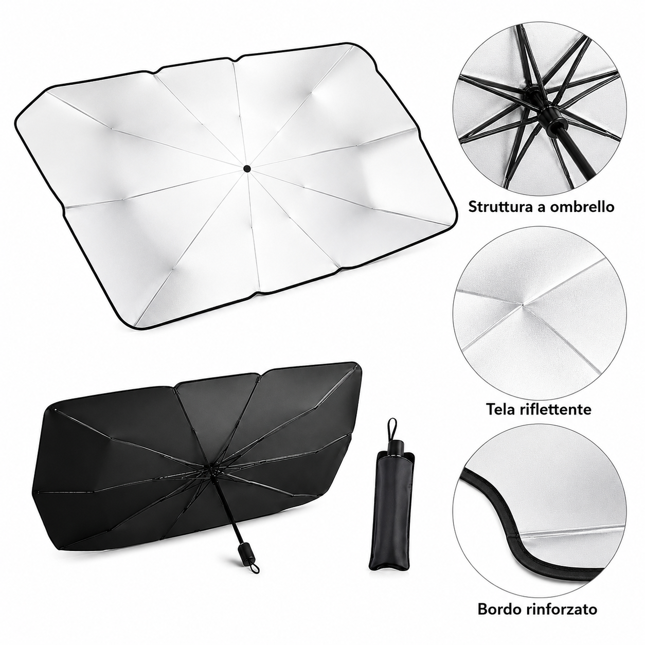 Parasole Auto a Ombrello per Parabrezza, Protezione UV Pieghevole con Custodia, 2 Misure 125×65 cm / 140×79 cm