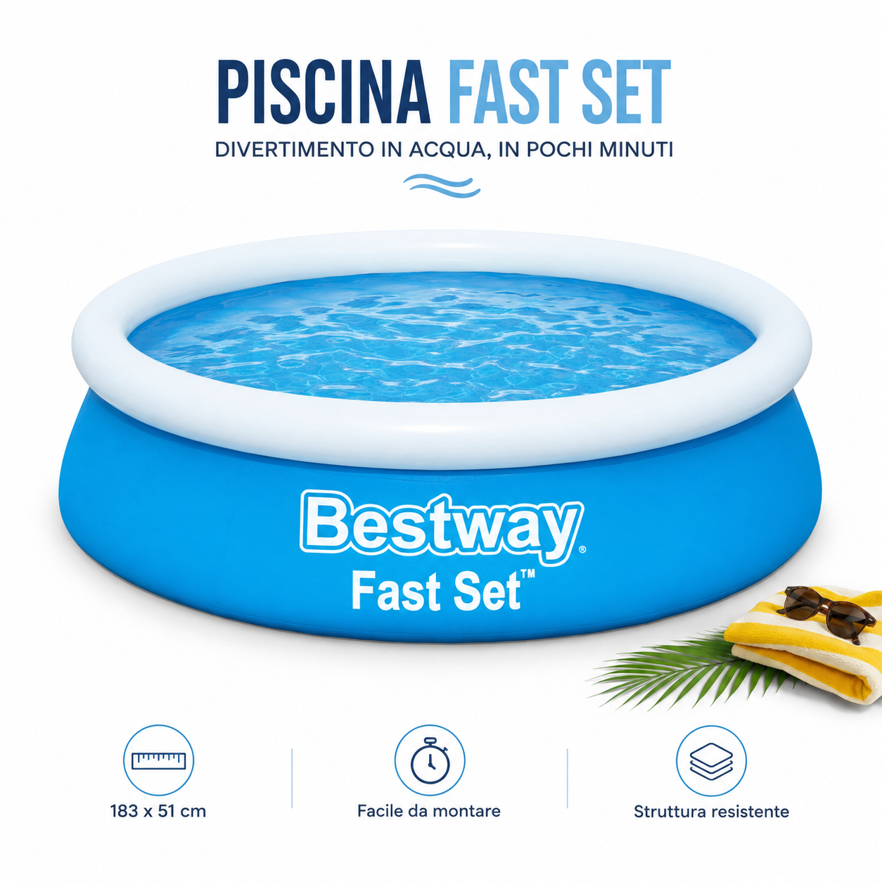 Piscina Gonfiabile Bestway Fast Set 183 x 51 cm, Piscina Rotonda da Giardino per Bambini e Famiglia, Montaggio Rapido Senza Attrezzi