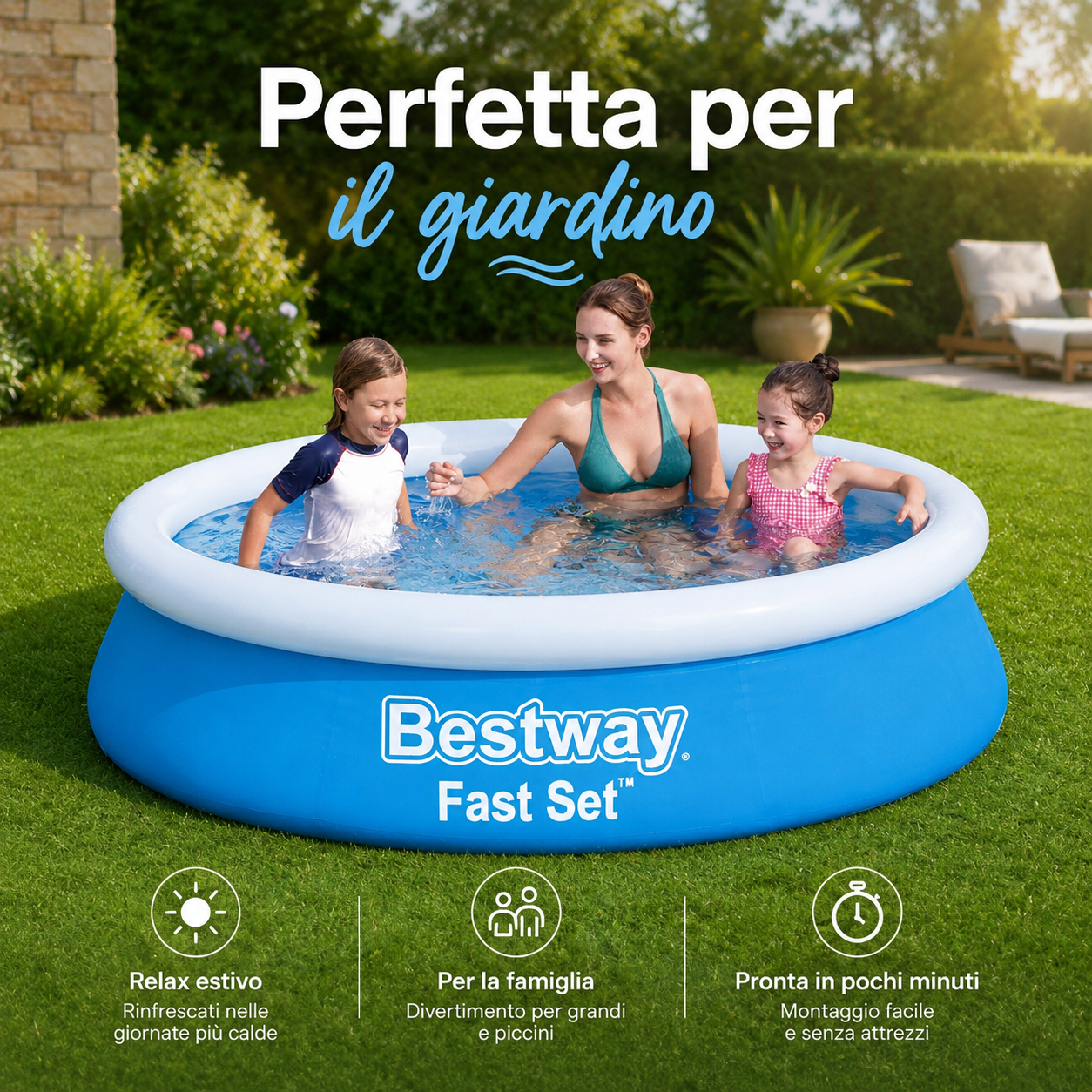Piscina Gonfiabile Bestway Fast Set 183 x 51 cm, Piscina Rotonda da Giardino per Bambini e Famiglia, Montaggio Rapido Senza Attrezzi