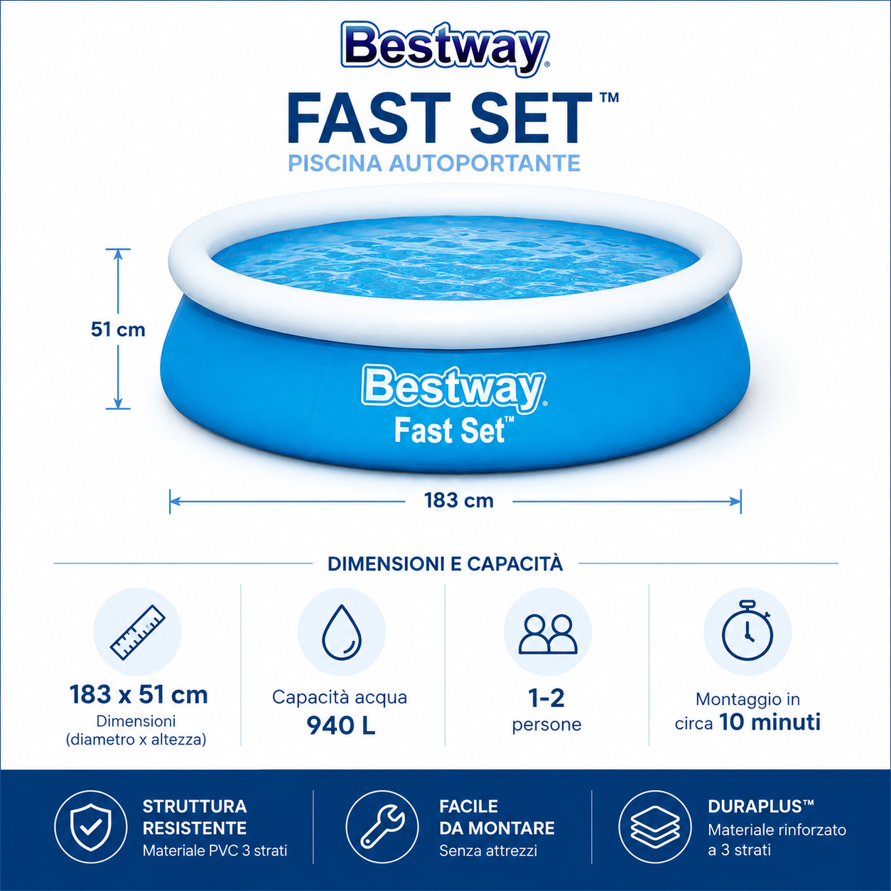 Piscina Gonfiabile Bestway Fast Set 183 x 51 cm, Piscina Rotonda da Giardino per Bambini e Famiglia, Montaggio Rapido Senza Attrezzi