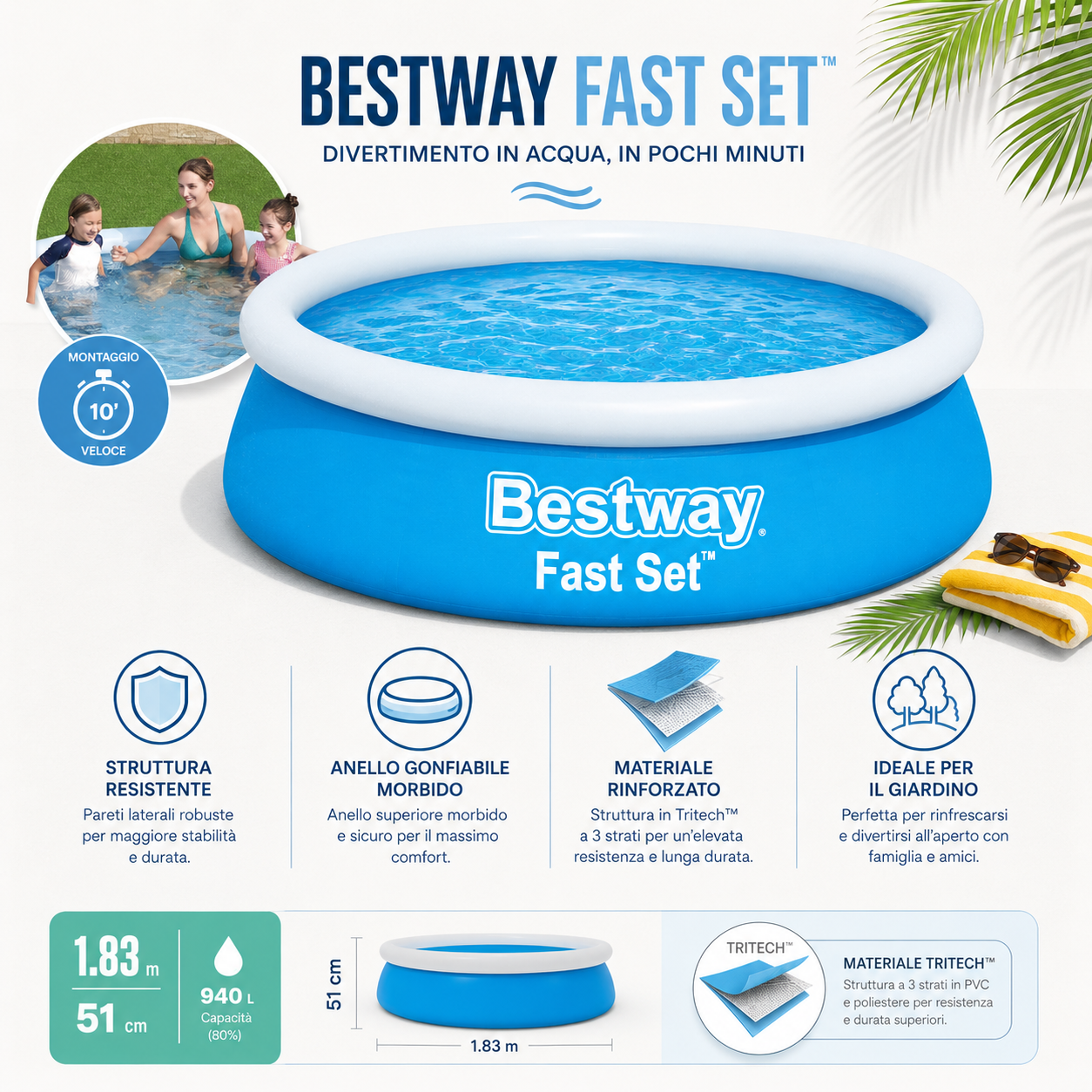 Piscina Gonfiabile Bestway Fast Set 183 x 51 cm, Piscina Rotonda da Giardino per Bambini e Famiglia, Montaggio Rapido Senza Attrezzi
