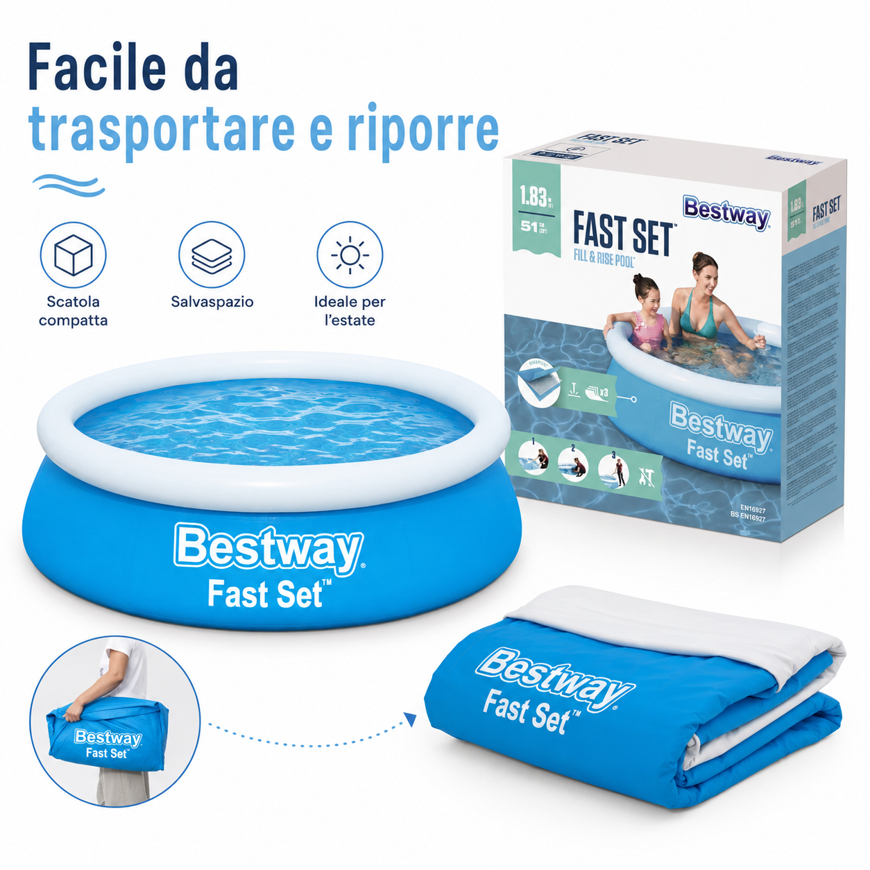 Piscina Gonfiabile Bestway Fast Set 183 x 51 cm, Piscina Rotonda da Giardino per Bambini e Famiglia, Montaggio Rapido Senza Attrezzi