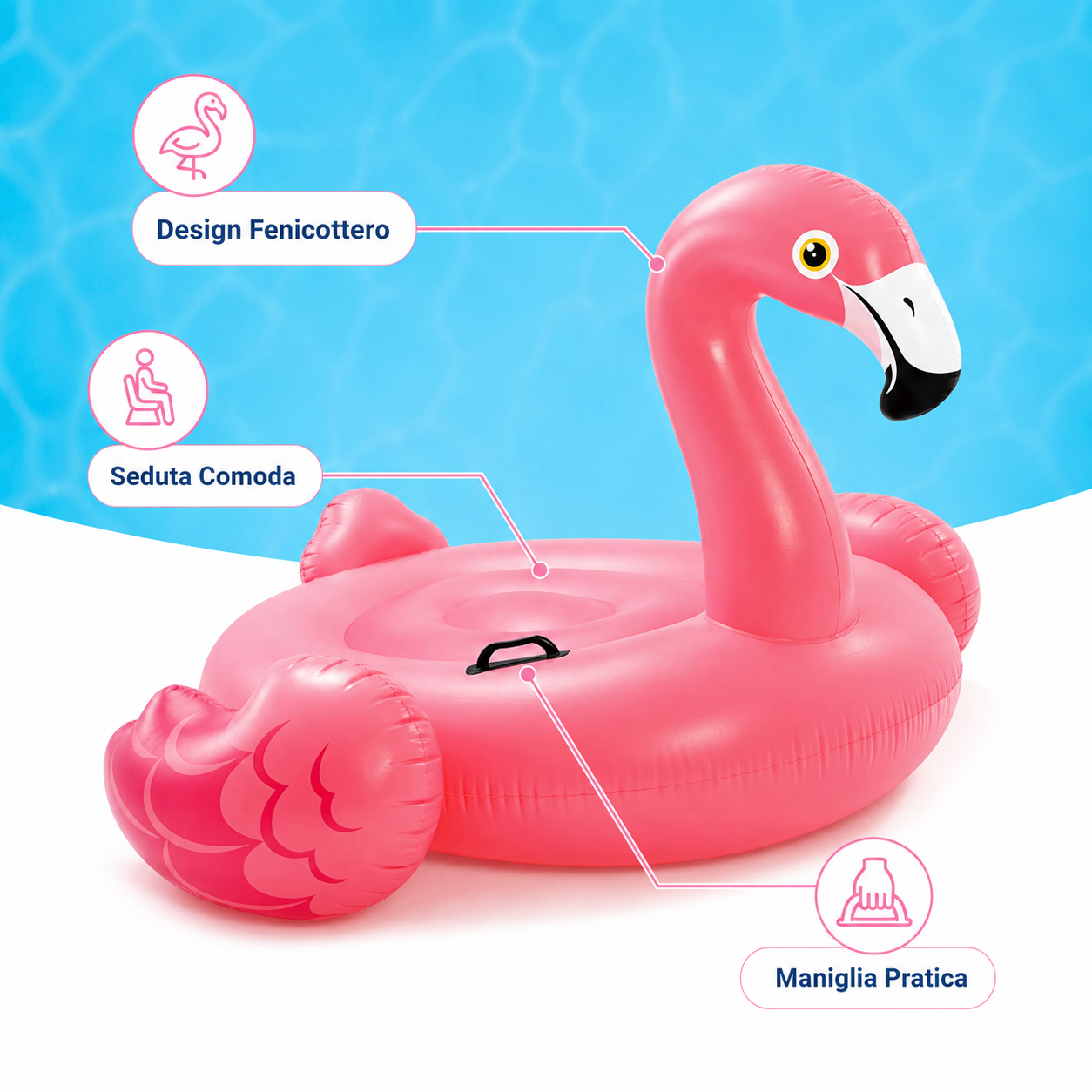 Salvagente Gonfiabile Fenicottero Rosa per Piscina, Galleggiante Estivo con Maniglia, Materassino Gonfiabile per Bambini e Relax in Acqua
