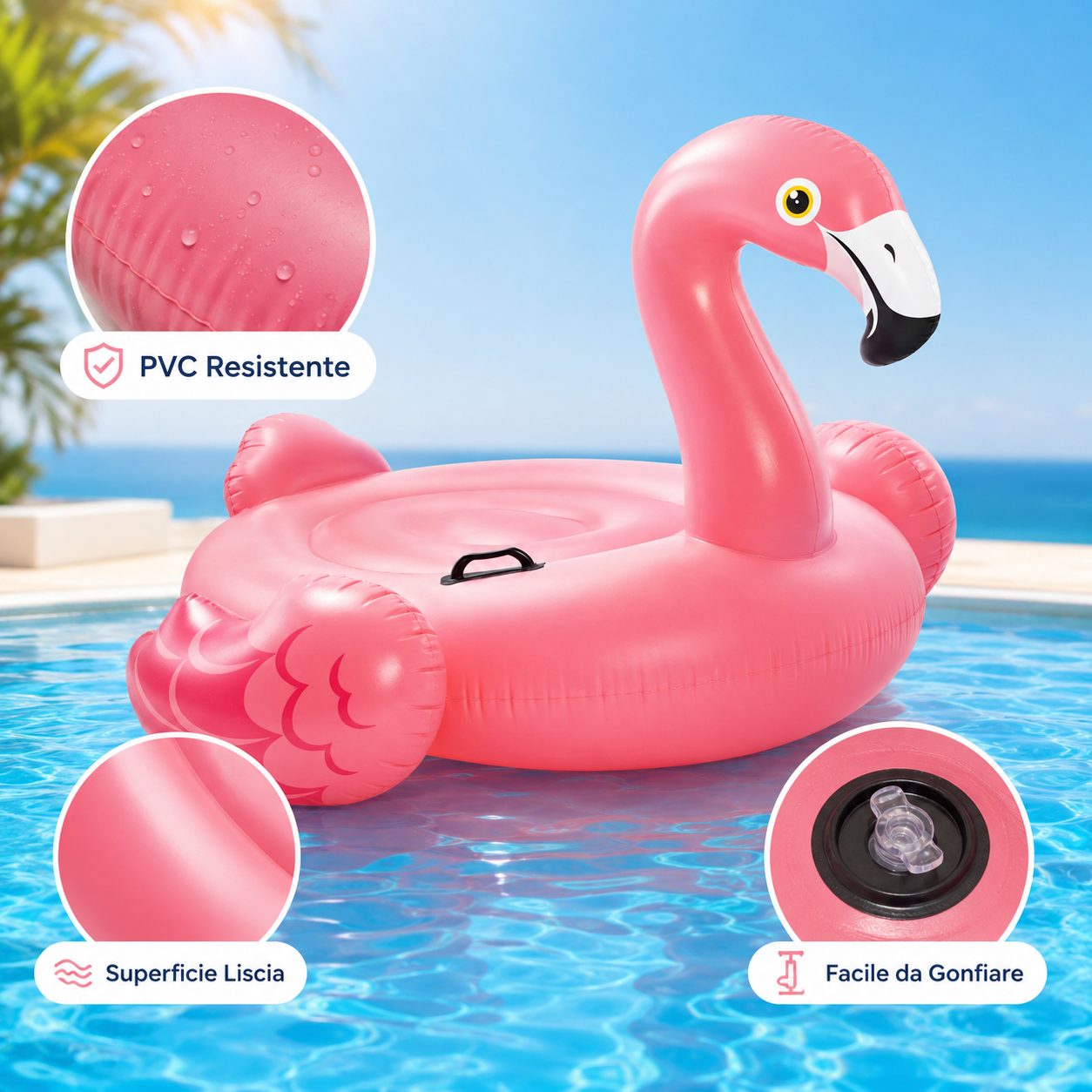 Salvagente Gonfiabile Fenicottero Rosa per Piscina, Galleggiante Estivo con Maniglia, Materassino Gonfiabile per Bambini e Relax in Acqua