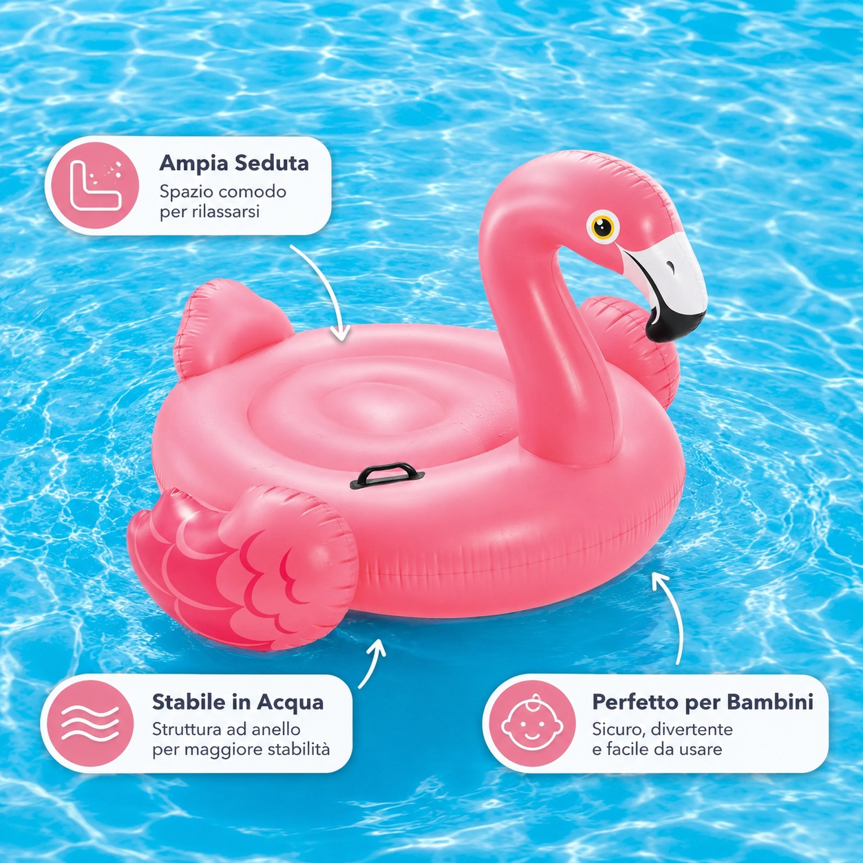 Salvagente Gonfiabile Fenicottero Rosa per Piscina, Galleggiante Estivo con Maniglia, Materassino Gonfiabile per Bambini e Relax in Acqua