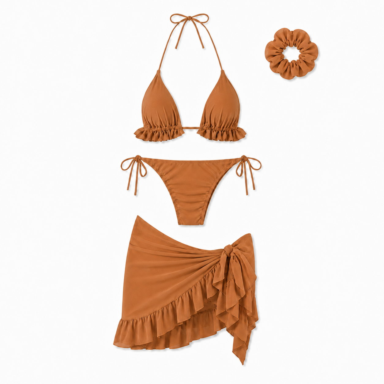 Bikini Donna 4 Pezzi con Pareo e Scrunchie, 5 Colori