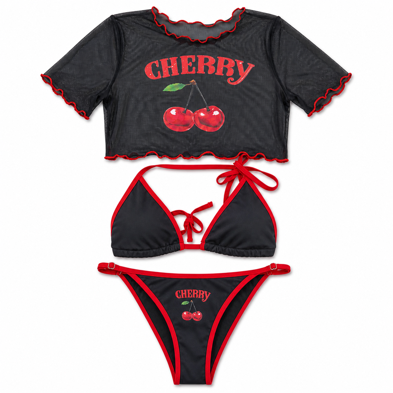 Costume da Bagno Donna 3 Pezzi Cherry, Bikini con Top Corto