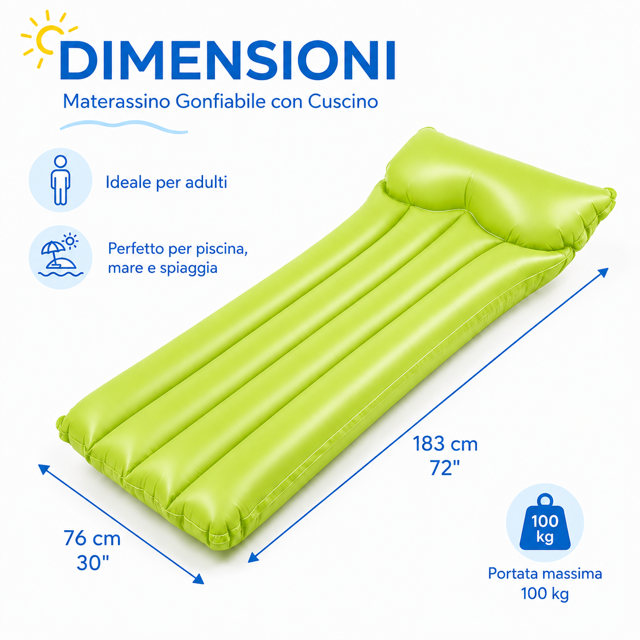 Intex Materassino Gonfiabile con Cuscino Integrato 183x76 cm, Lettino Mare Piscina Spiaggia in PVC, Colori Assortiti