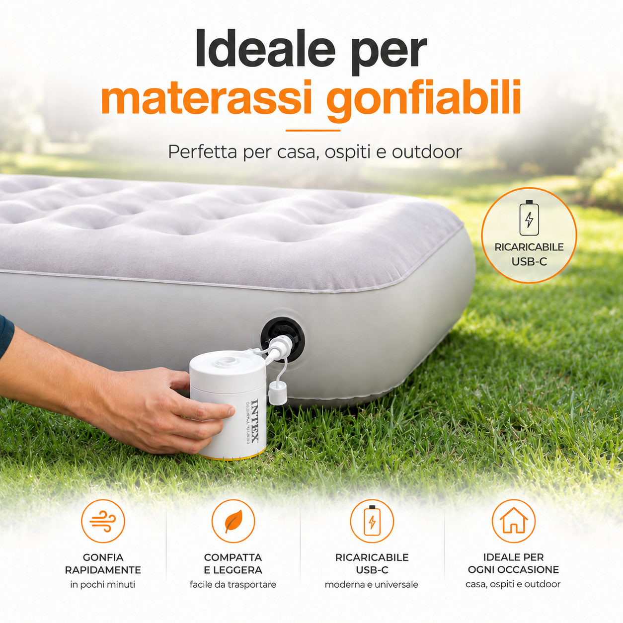 Pompa Elettrica USB-C Intex QuickFill, Mini Gonfiatore Ricaricabile per Materassi Gonfiabili, Piscine e Giochi Gonfiabili