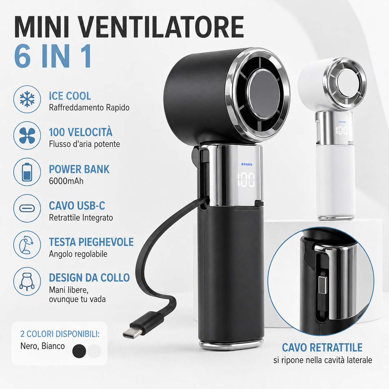 Mini Ventilatore Portatile Ricaricabile 6 in 1, Raffreddamento Rapido Ice Cool, Testa Pieghevole, Design da Collo, 100 Velocità, Power Bank 6000mAh, Cavo USB-C Retrattile