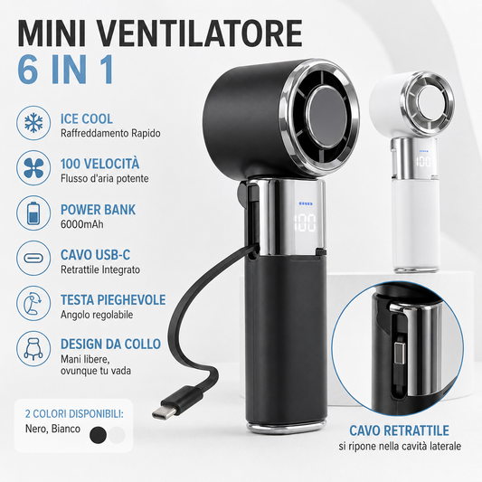 Mini Ventilatore Portatile Ricaricabile 6 in 1, Raffreddamento Rapido Ice Cool, Testa Pieghevole, Design da Collo, 100 Velocità, Power Bank 6000mAh, Cavo USB-C Retrattile