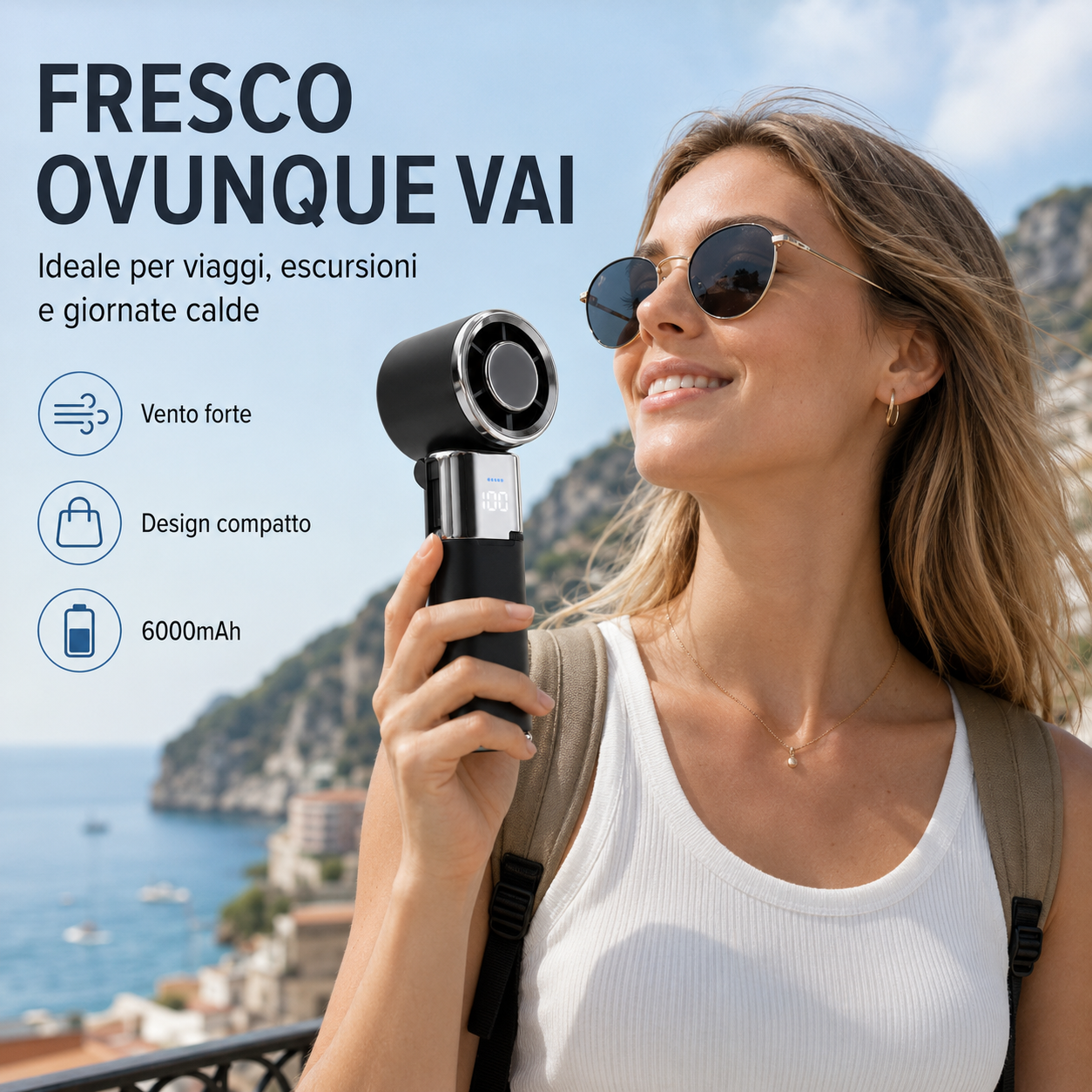 Mini Ventilatore Portatile Ricaricabile 6 in 1, Raffreddamento Rapido Ice Cool, Testa Pieghevole, Design da Collo, 100 Velocità, Power Bank 6000mAh, Cavo USB-C Retrattile