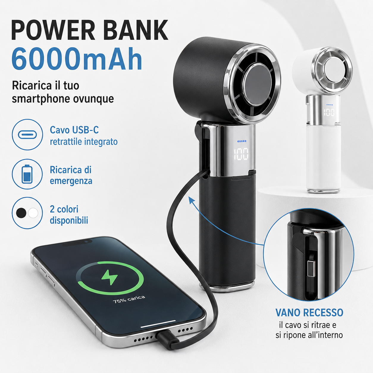 Mini Ventilatore Portatile Ricaricabile 6 in 1, Raffreddamento Rapido Ice Cool, Testa Pieghevole, Design da Collo, 100 Velocità, Power Bank 6000mAh, Cavo USB-C Retrattile