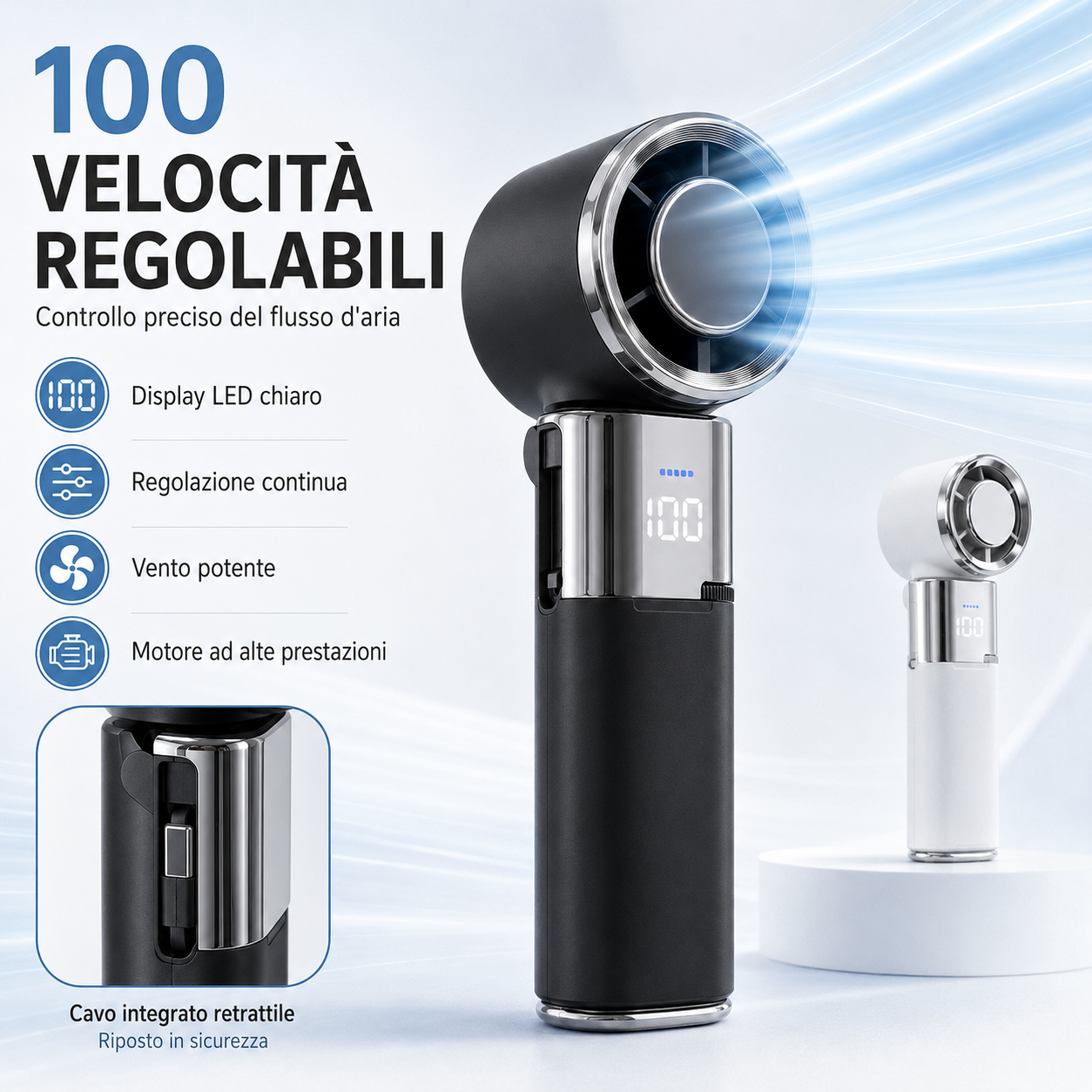 Mini Ventilatore Portatile Ricaricabile 6 in 1, Raffreddamento Rapido Ice Cool, Testa Pieghevole, Design da Collo, 100 Velocità, Power Bank 6000mAh, Cavo USB-C Retrattile