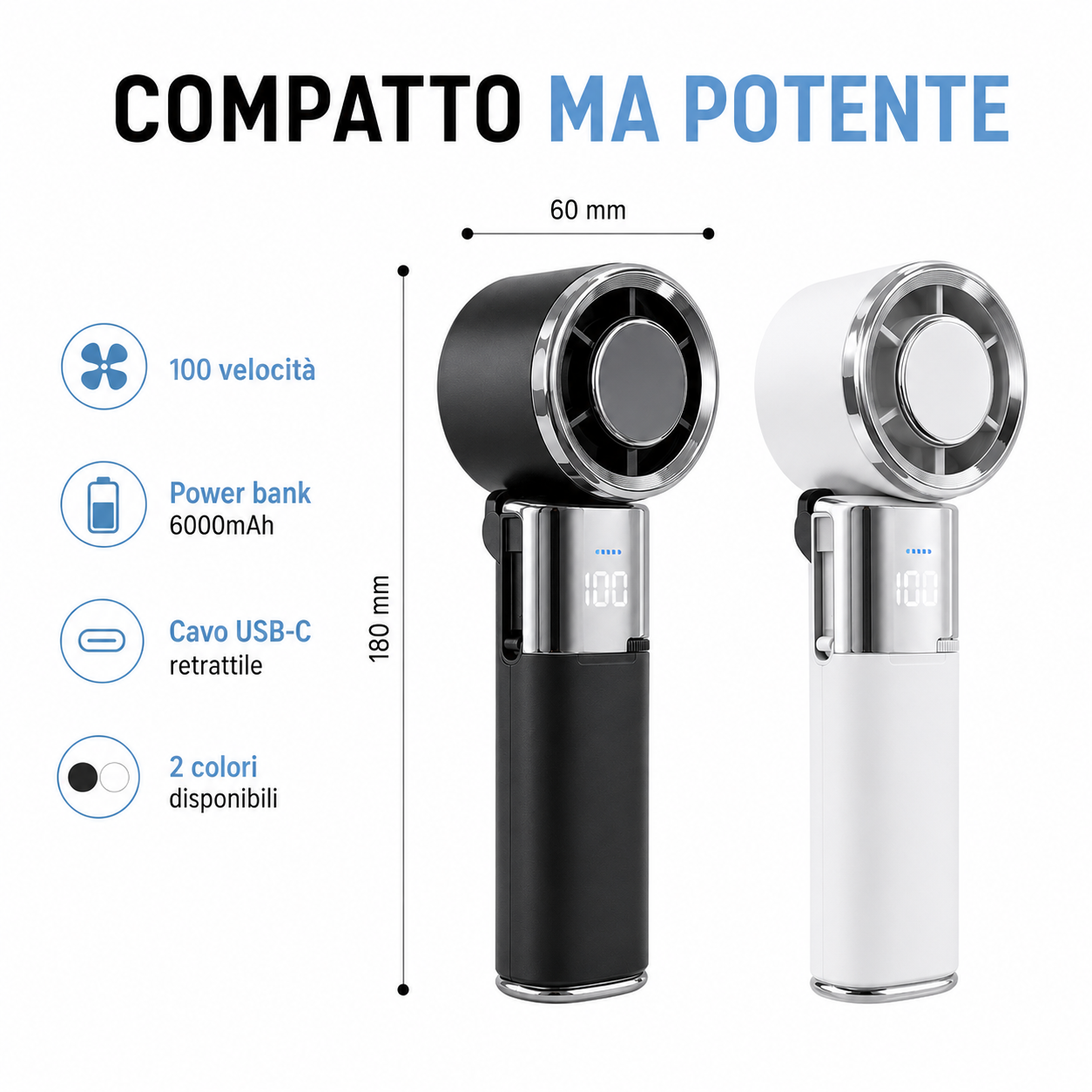 Mini Ventilatore Portatile Ricaricabile 6 in 1, Raffreddamento Rapido Ice Cool, Testa Pieghevole, Design da Collo, 100 Velocità, Power Bank 6000mAh, Cavo USB-C Retrattile