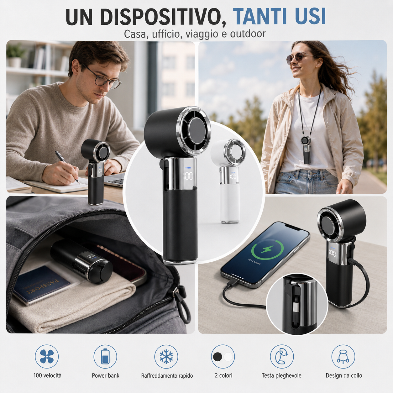 Mini Ventilatore Portatile Ricaricabile 6 in 1, Raffreddamento Rapido Ice Cool, Testa Pieghevole, Design da Collo, 100 Velocità, Power Bank 6000mAh, Cavo USB-C Retrattile