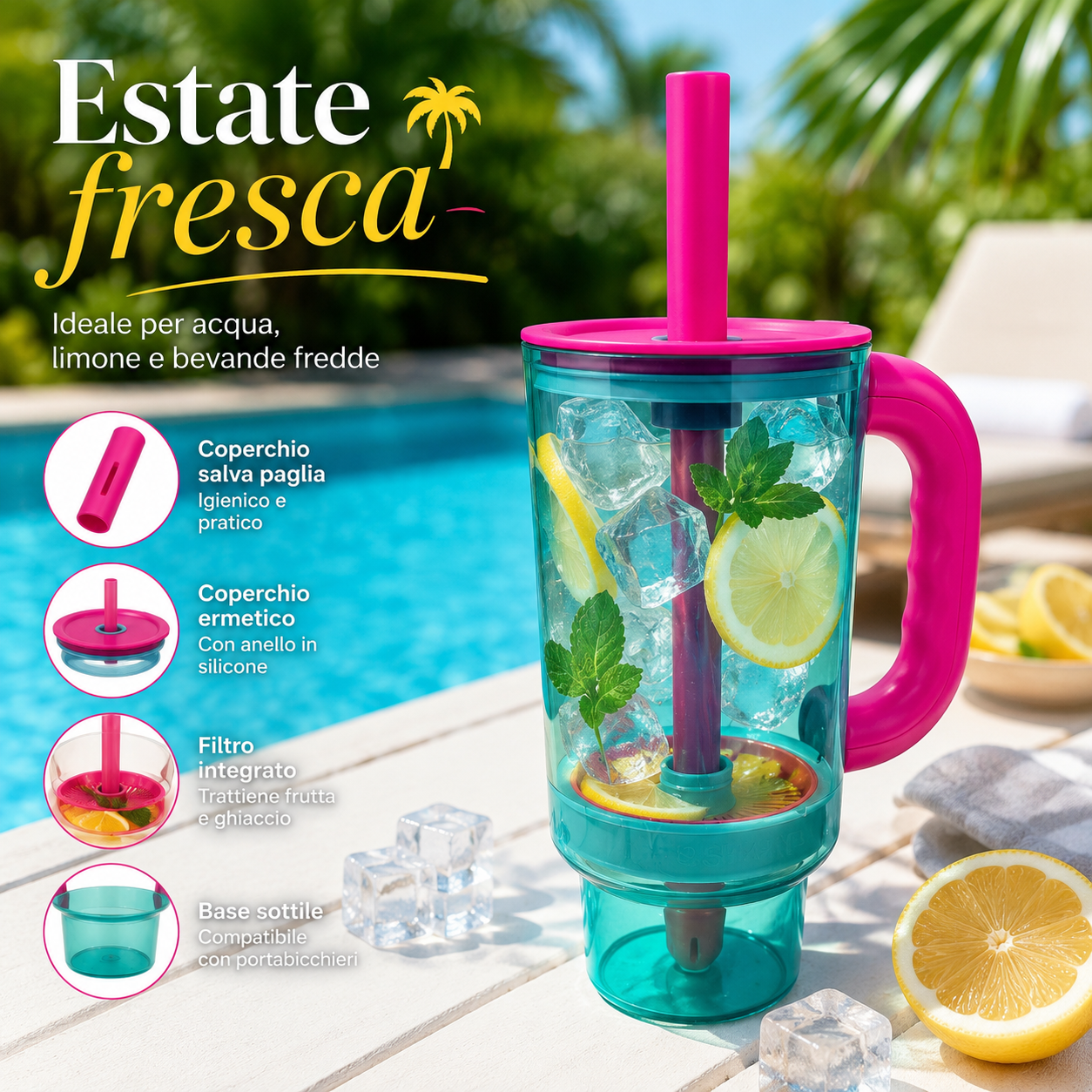 Bicchiere con Filtro e Cannuccia, Tazza Estiva con Manico, Coperchio Removibile e Copri-Cannuccia, Ideale per Acqua, Limone, Frutta e Bevande Fredde