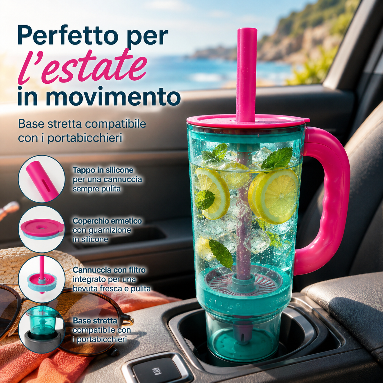 Bicchiere con Filtro e Cannuccia, Tazza Estiva con Manico, Coperchio Removibile e Copri-Cannuccia, Ideale per Acqua, Limone, Frutta e Bevande Fredde